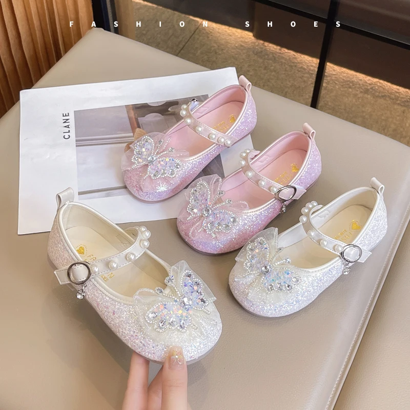 Kids'Casual Shoes PU Leather Solid Color Bow Pearl Sequin Spring Shoes For Girls Anti-slip Breathable White Pink Size 23-36