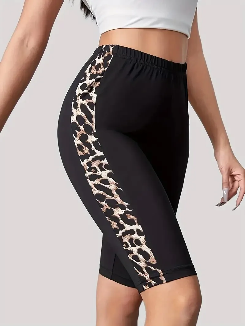 Women's Sports Black Leopard Print Shorts And Leggings Are Fashionable Casual Elastic Comfortable And Slim Fitting