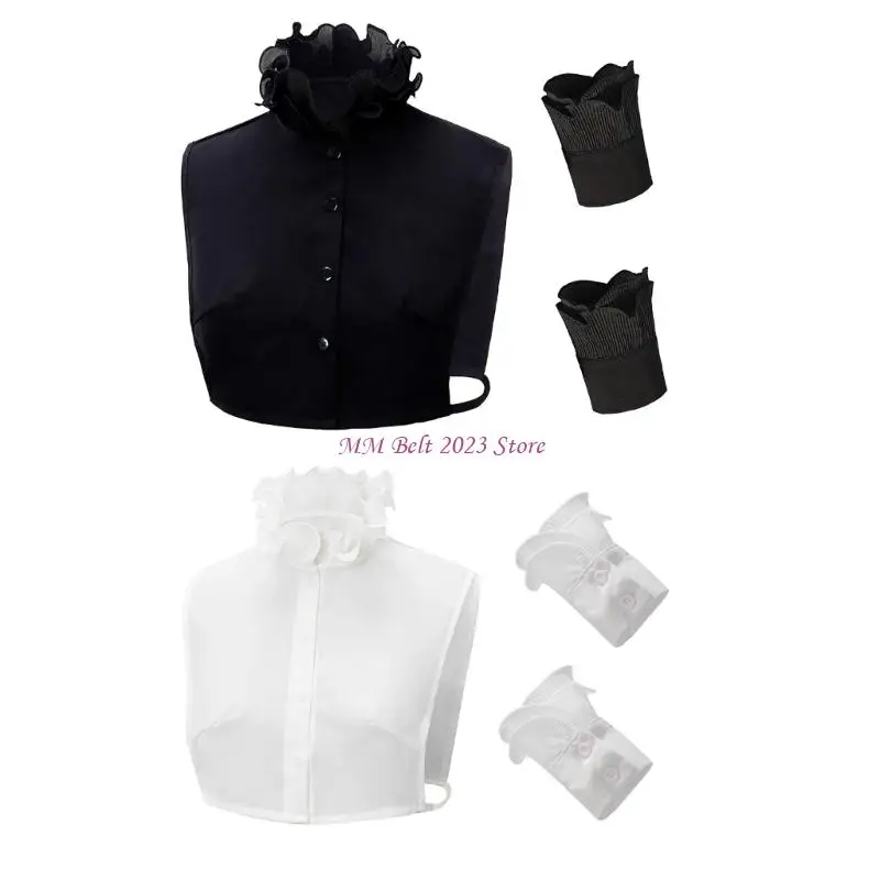 

49ME Элегантная полурубашка с рюшами и стендом с искусственным воротником и манжетами на запястьях, комплект с искусственными