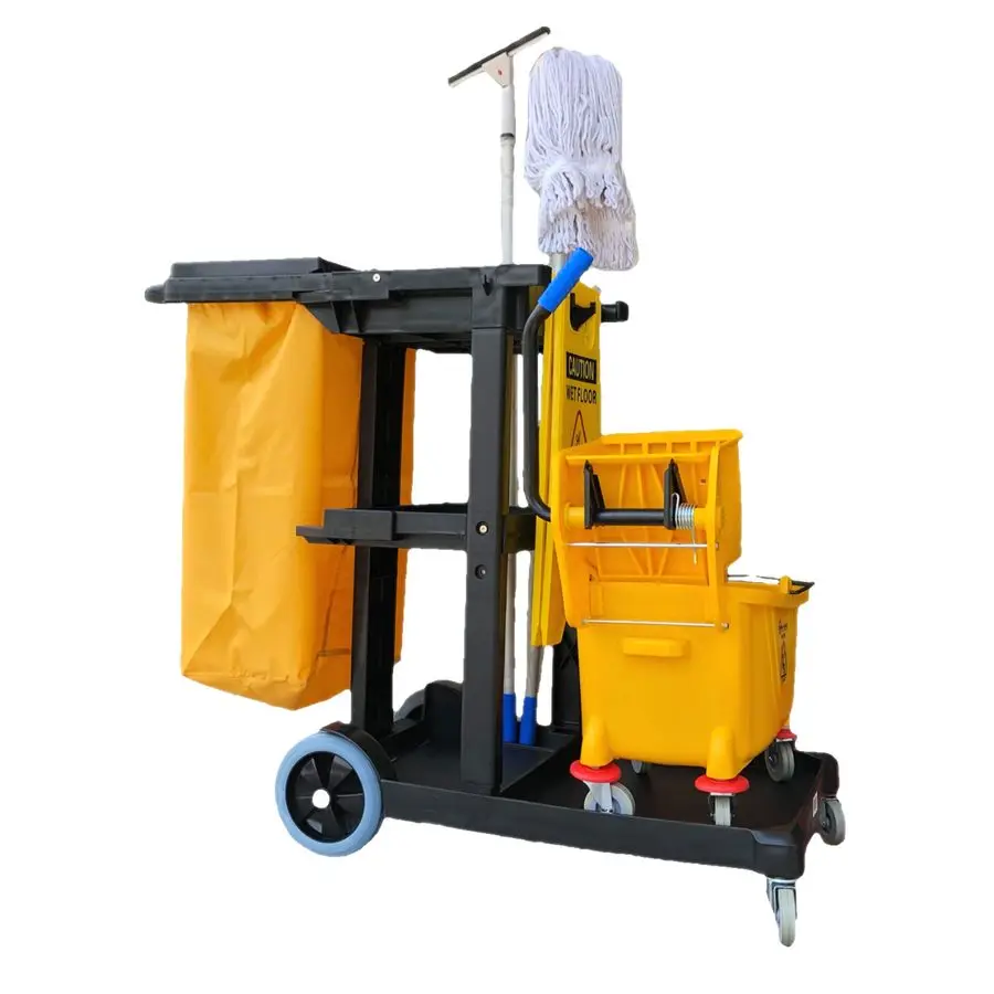 Janitorial Cart, 330 lbs Capacity 3Shelf Commercial Housekeeping Cleaning Cart on Wheels, 25 Gallon Bag with Lid Stable, Smooth