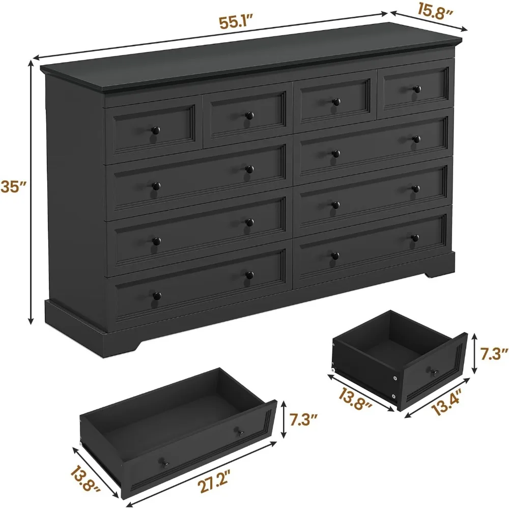 10 Drawers Dresser, Large Drawers White Dresser for Bedroom, Wood Dressers & Chest of Drawers for Bedroom, Living Room