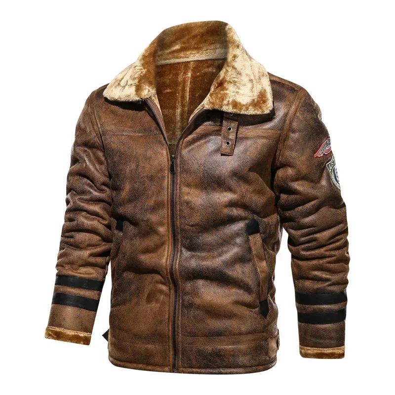 Chaquetas de bombardero de invierno para hombre, abrigos cálidos de forro polar, chaquetas ajustadas de cuero y piel integradas, nueva moda