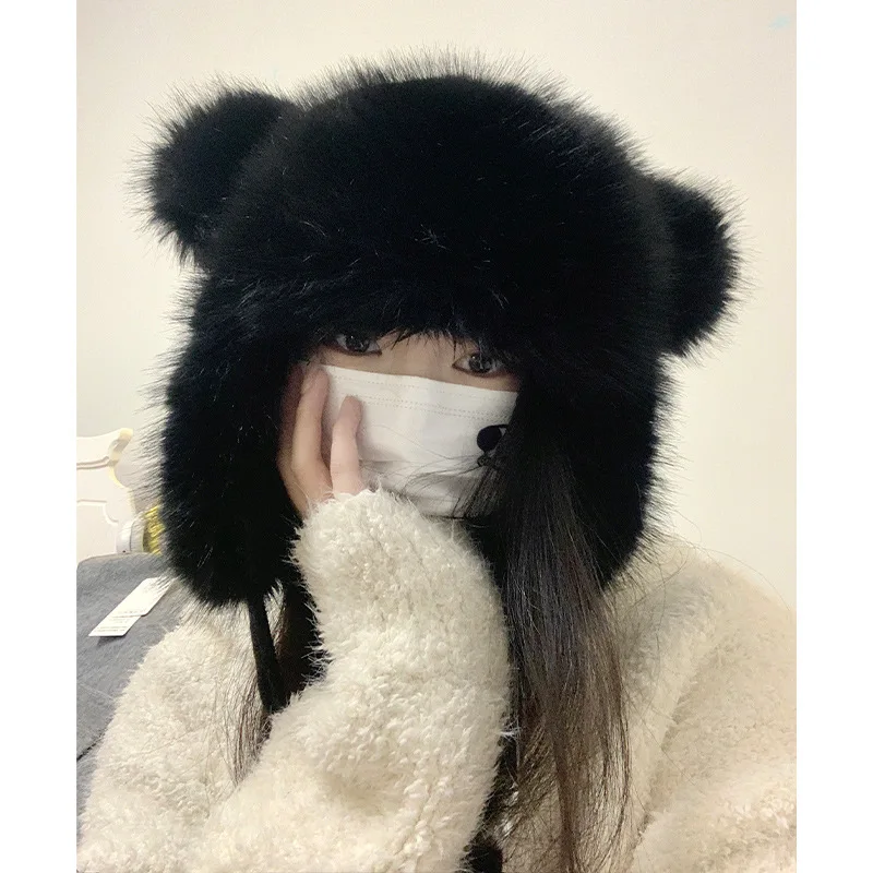 New Winter Double Thicken Plush Lei Feng Hat Women Cute Bear Ears Warm Caps Plain Color Furry Ear Protection Pullover Hats