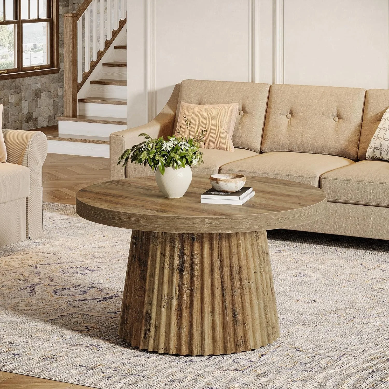 LITTLE TREE coffee table displaying 31.5-inch round tabletop in a bright living space