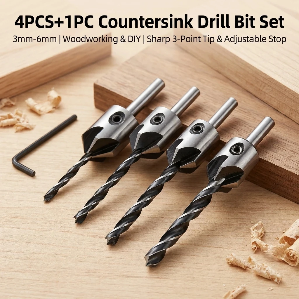 4PCS 3-6mm Three-Pointed Woodworking Counterbore Drill Bit Set Reaming Chamfering Screw Hole Opener Tool for Precise Joinery