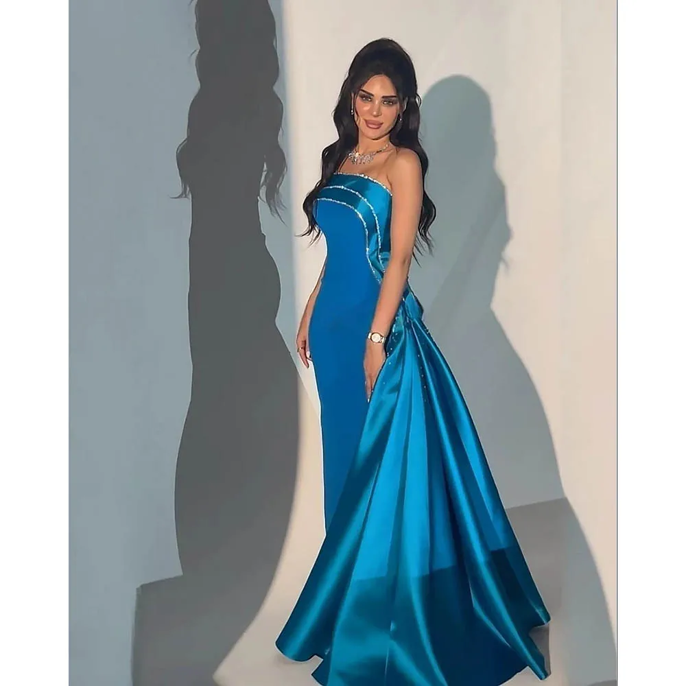 

Elegant Satin Sequin Floor Length Sleeveless Formal Evening Gowns Fashion Strapless Sheath Party Dress