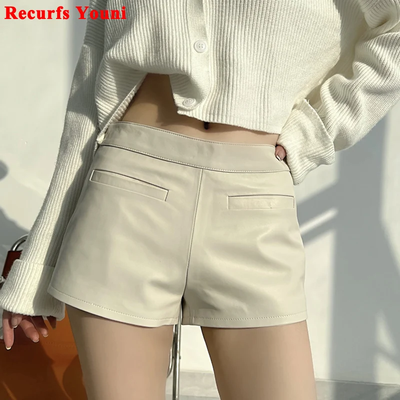 

White Genuine Leather Shorts Women 2024 Splendid Korean Style Y2k Hot Micro Wrap Pants Girls Casual Low Waist Slim Booty Skort