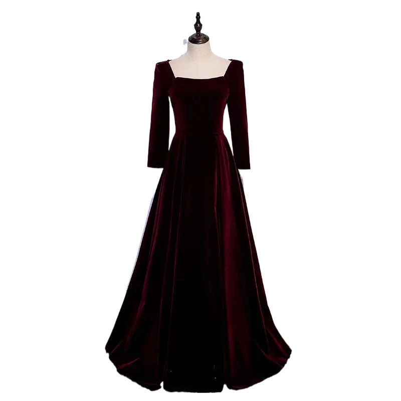 

Sweet Memory Vintage Long Evening Dress Full Sleeves A-Line Elegant Square Collar Zipper Back Floor-Length Party Formal Gowns