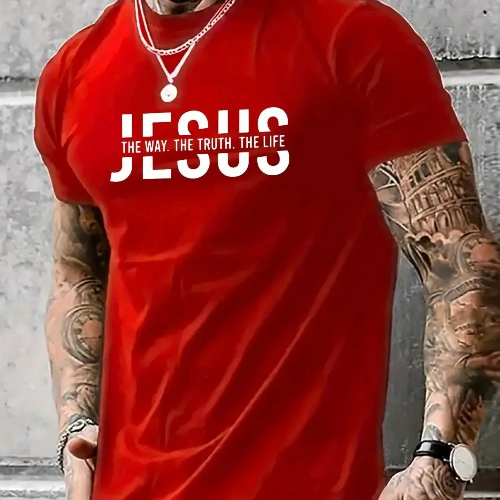Summer men's polyester fiber casual loose round neck T-shirt Jesus Way Truth Life letter printed outdoor sports top