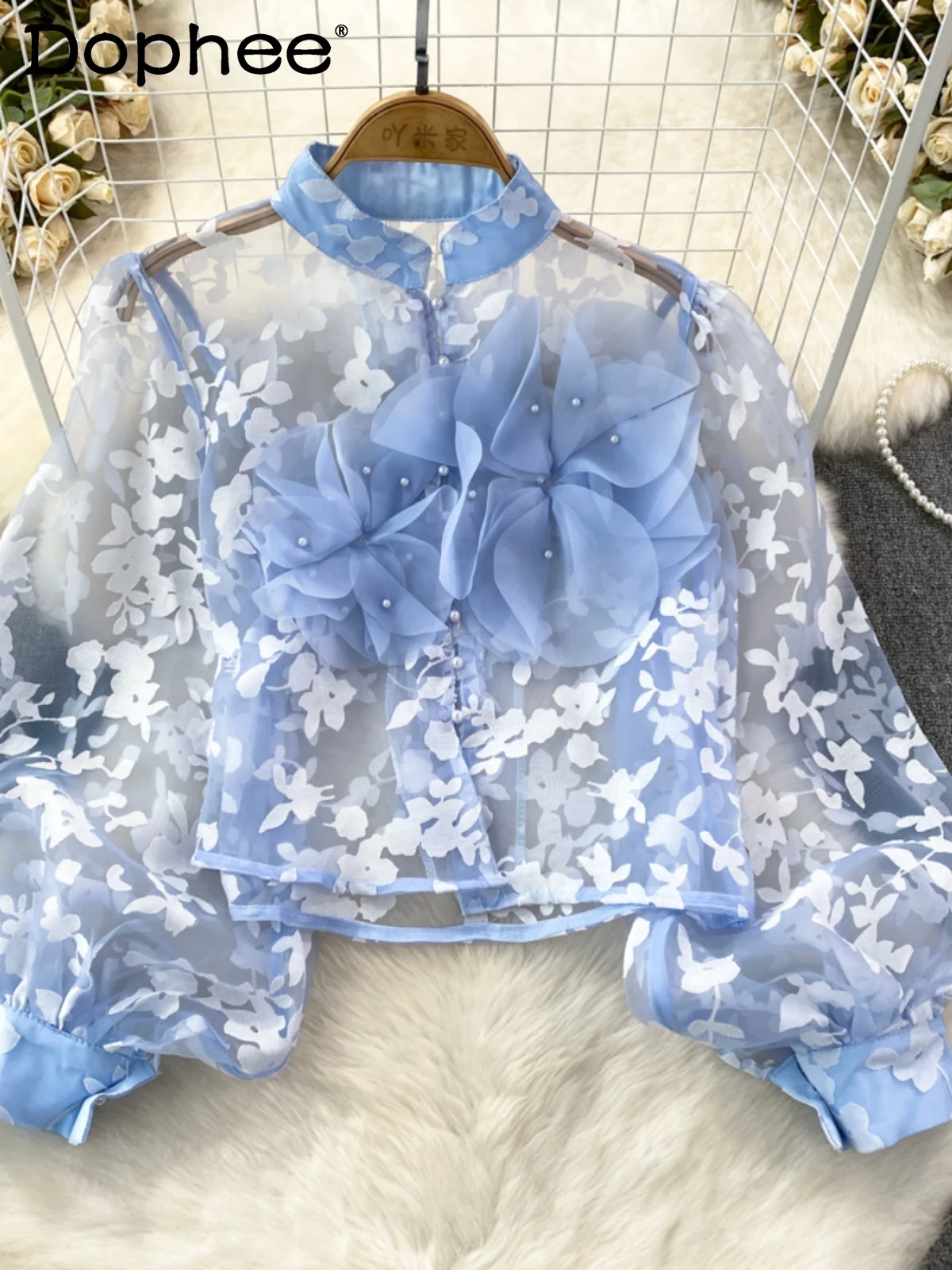 Vintage Court Style3D Flower Lantern Long Sleeve Stand Collar Single-Breasted Organza Shirt 2024 Spring Summer Women Tops