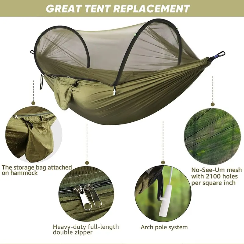 WESTTUNE 3 in 1 Camping Hammock with Mosquito Mesh Automatic Quick Opening Nylon Hammock Anti-Mosquito Hammock for Outdoor