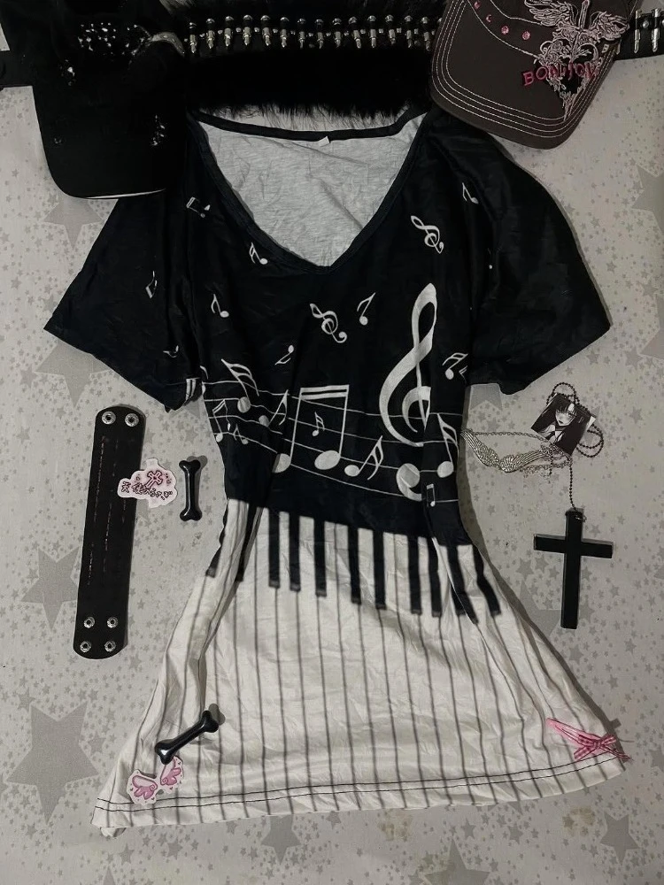 American Vintage Y2K Music Note Piano Key Print T-shirt Women Harajuku Subculture Slim Tees Summer Gothic Retro Fashion Tops New