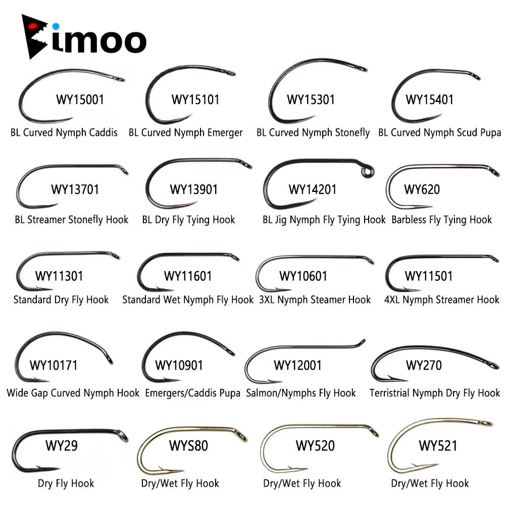 Bimoo 50szt Hak muchowy bez zadziorów ze stali wysokowęglowej do przynęt muchowych Dry Wet Nymph Jig Nymph Streamer Caddis Fly Trout Fishing Lures