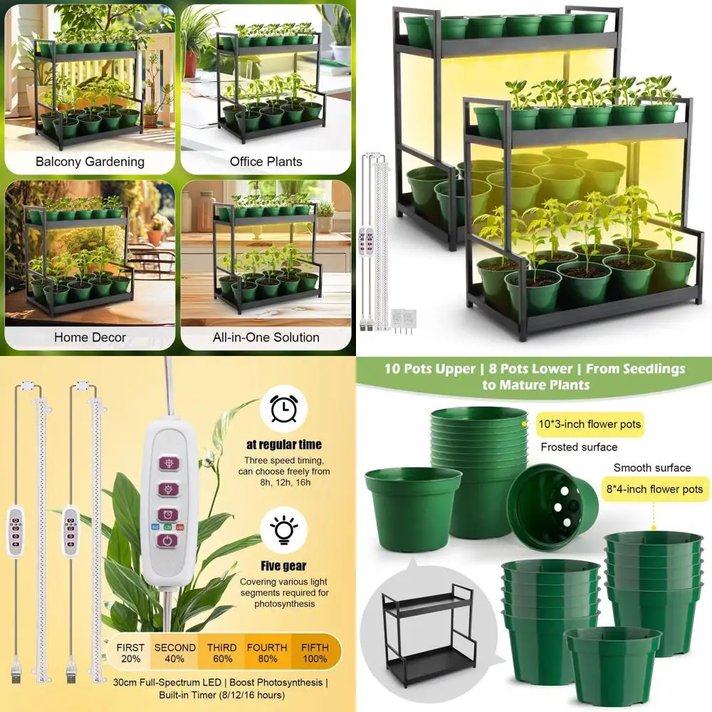 

Набор из 2 двухъярусных подставок для растений с фитолампой и зелеными пластиковыми горшками для рассады или растений, комплект для домашнего садоводства или для трав, суккулентов