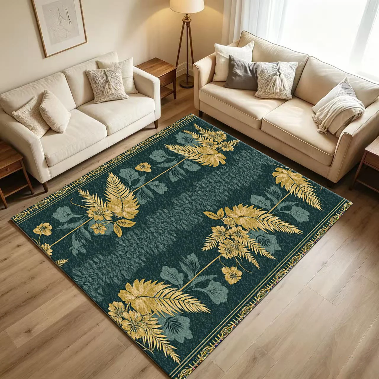 Retro Golden Fern Botanical Border Carpet Flooring Dark Green Plant Floral Printed Floor Rug for Household Indoor Home Decoration