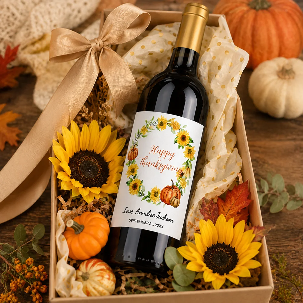 Customized wine bottle labels - Personalized thank-you wine bottle stickers, gift tags, wedding and birthday decorations, Thanksgiving celebration tags, fun autumn party labels with hand-drawn pumpkin, berry, and floral designs featuring "Happy Thanksgiving"
