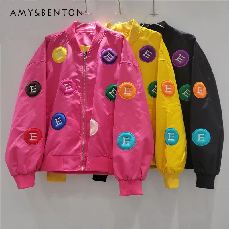 

Rose Red Top High-End Korean Style Baseball Jacket For Women's Loose Fashionable Patch Embroidery Spring Autumn Versatile Coat