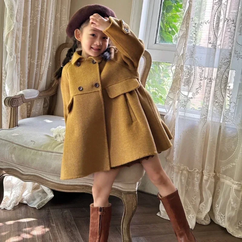 2024 Korean Children Vintage 100% Wool Double Sided Cashmere Handmade Kids Girl's Coat Turmeric Large Skirt Outerwear Clothing