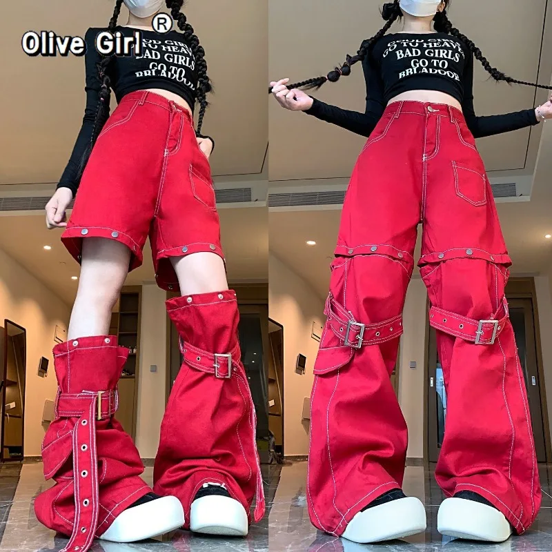 

Джинсовые джинсы Olivegirl, брюки в американском стиле ретро, джинсы со съемными ремешками, свободные широкие брюки в пол, уличная одежда