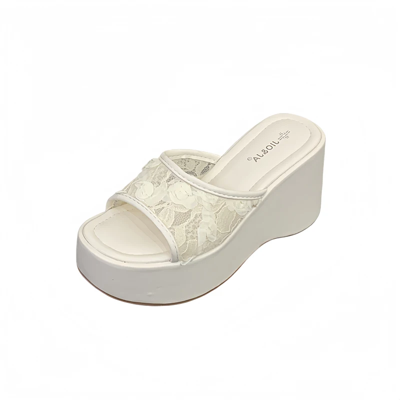 

Розовые женские сандалии на платформе, летние шлепанцы на высоком каблуке с кружевом и цветами, повседневные белые сандалии на танкетке, женская обувь 2026