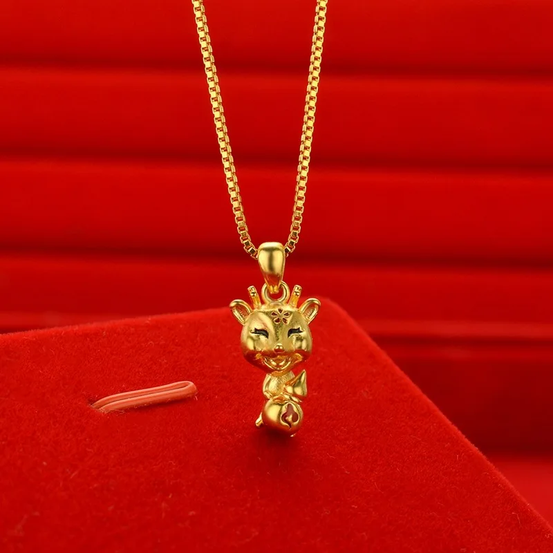 

High quality AU999 gold necklace for women cartoon cute fox pure gold pendant necklace 24K real gold pendant jewelry