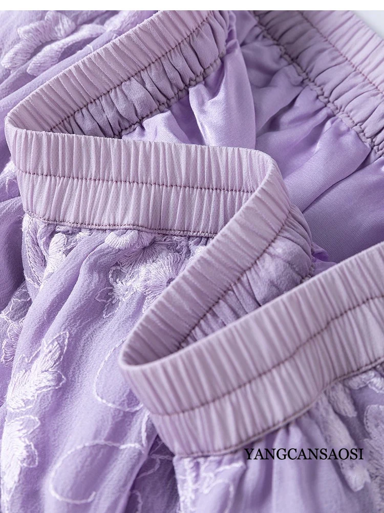 女性のロマンチックなエレガンス タロパープル 重い刺繍 天然桑絹 エラスティックウエスト Aライン 大きなスイング ダブルレイヤースカート