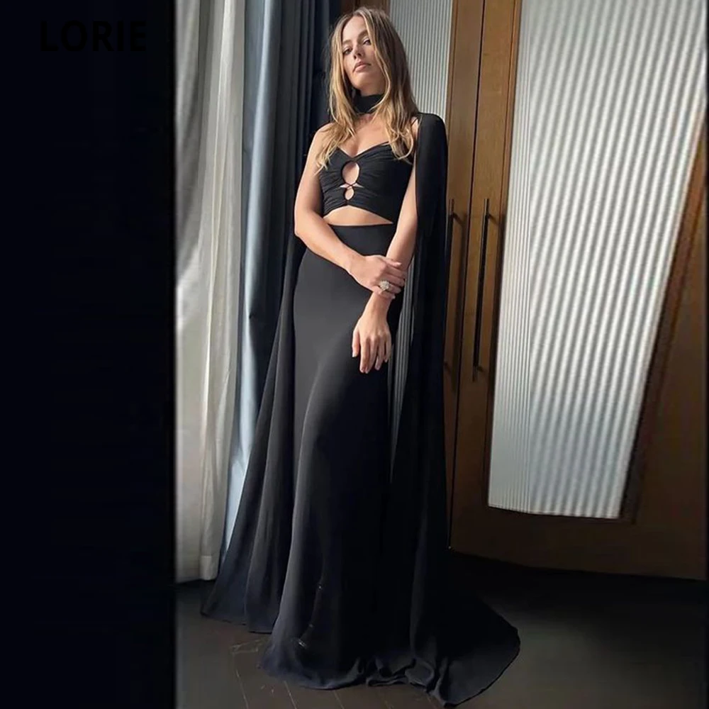 

LORIE Black Dubai Chiffon Mermaid Evening Dresses With Long Cape Spaghetti Straps Prom Gowns Vestidos De Noche Party Dresses