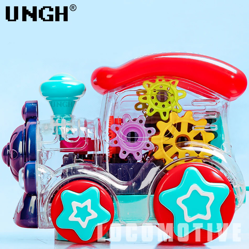 UNGH Cartoon Gear Train Helicopter Intelligence Baby Electric Universal Wheel Car with Light Music Children Toy Kid Random Color