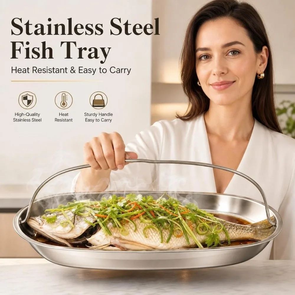 Stainless Steel Fish Steaming Tray with Handle Oval Stainless Steel Tray Home Daily Grilled Fish Plate Rice Meat Vegetable