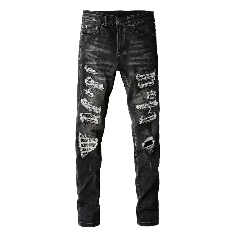 

Pop Seasons New Fashion Men's Casual Elastic Hole Patched Washed Vintage Jeans Pencil Pants Trendy Skinny Denim Trousers Male