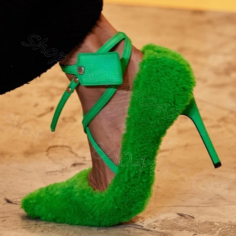 

Green Lamb Wool Shallow Pointed Toe Pumps Buckle Strap Women Shoes Thin High Heels Party Feast Dating 2025 Zapatos Para Mujere