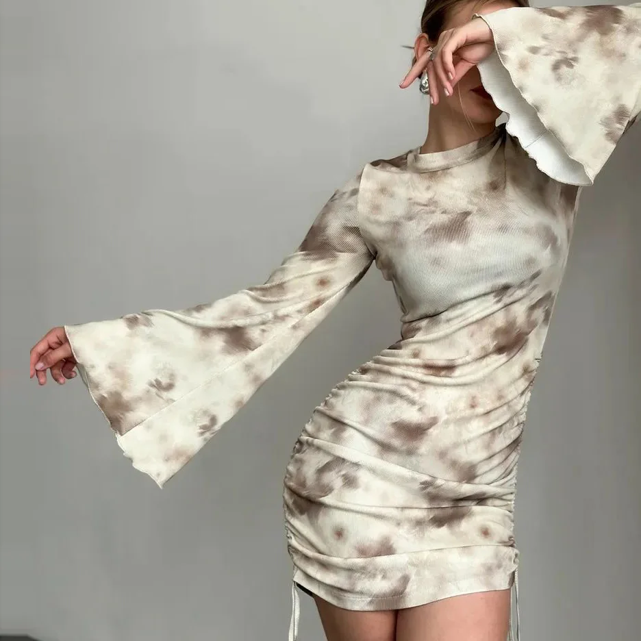 

Flared Long-sleeved Dress Short Skirt Drawstring Pleated Hip Skirt