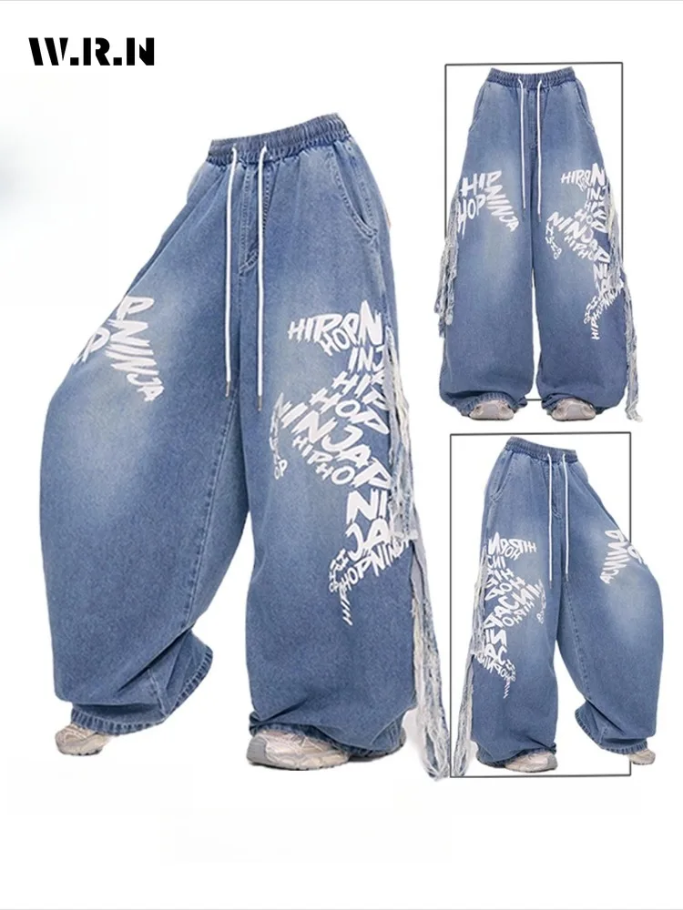 

American Retro Blue 2000S Wide Leg Oversized Jeans Women Casual Drawstring High Waist Y2K Pants Grunge Street Denim Trouser
