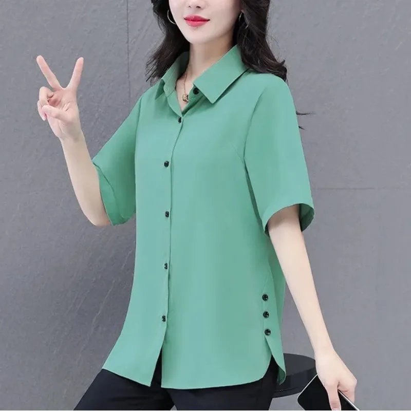 Women\'s Summer Solid Button Patchwork Short Sleeve Turn-down Collar Cardigan Shirt Coats Loose Clothing High Street Midi Tops