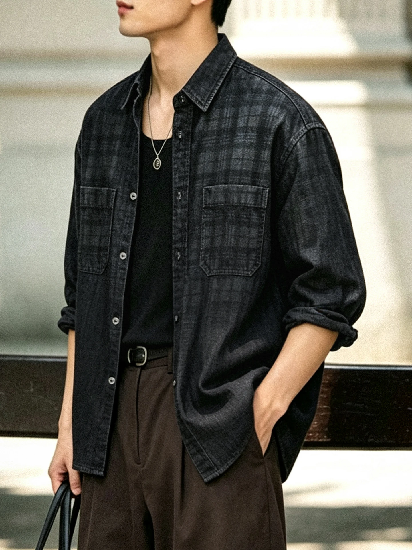 Washed Denim Shirt Men's Loose Long Sleeve Black Casual Shirt Autumn New Style Youth Popular Cotton Lyocell Fiber Blend
