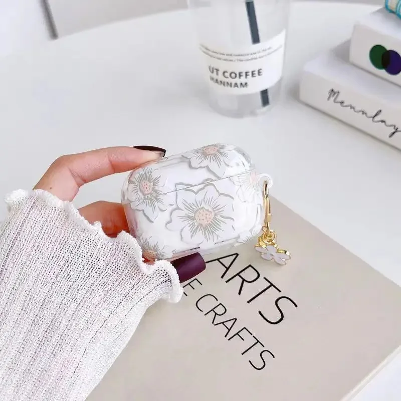 الوردي والأبيض الزهور غطاء ل AirPods Pro 2 3 لطيف بريق زهرة قلادة حقيبة سماعة الاذن ل أبل AirPodPro سماعة كيرينغ