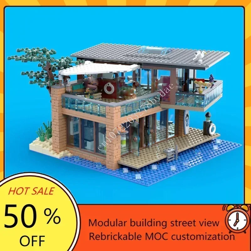 1057PCS Modern Beach House Modular MOC Custom Architecture Puzzle Creative Street View DIY Assembly Model Educational Toy Gift