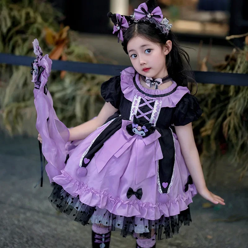 Sanrio Cosplay Kuromi Lolita Princess Dress Summer Children's Costume Halloween Dress Puffy Skirt Suit Birthday Kawaii Gift