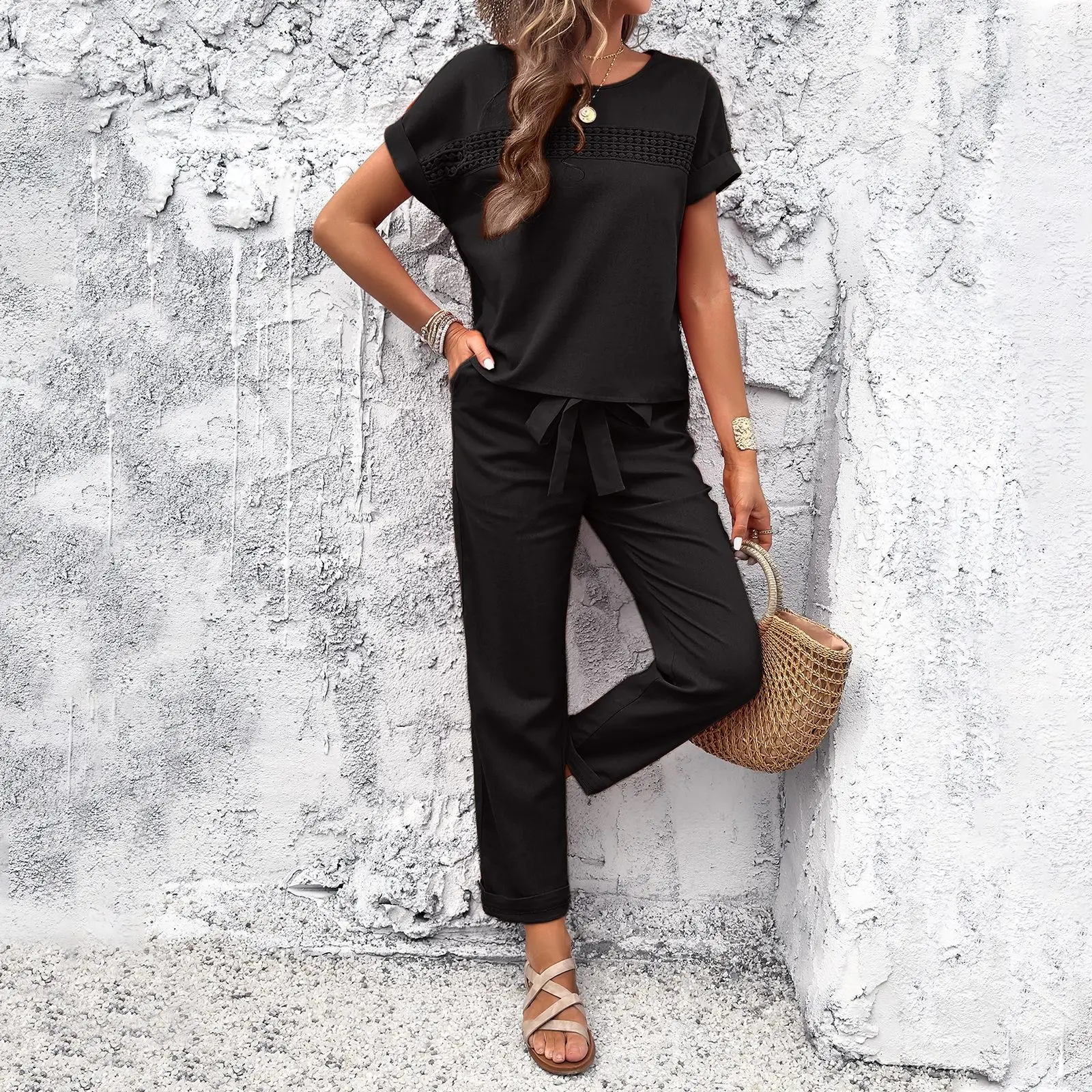 Vintage Women Pant Sets 2024 Summer Fashion Chic Splicing Hollow O Neck Top 2PCS Sets Casual Women Outfit Elegant Trousers Suits