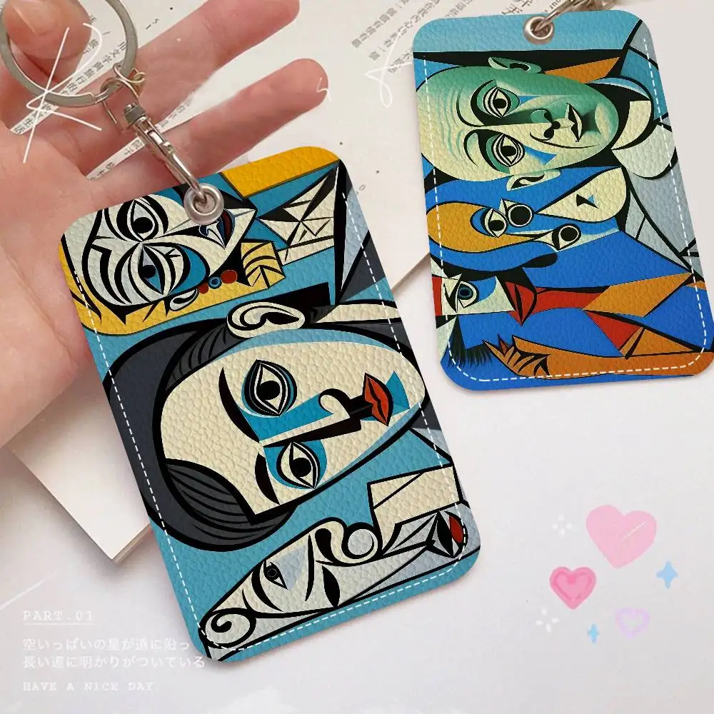 P-Picasso Style Painting Rectangle Keychain Card Holder, Badge Credit Card Holder, Student ID Card Holder, Bus Cards Cover