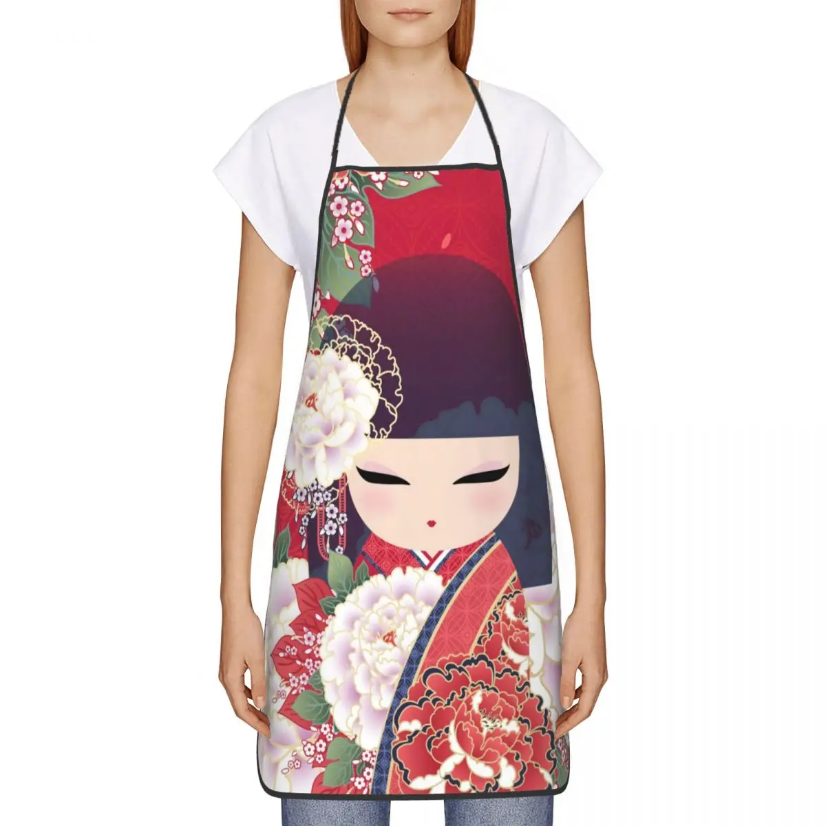 Custom Kokeshi Doll Cherry Blossoms Apron Women Men Unisex Bib Japanese Girl Art Cooking Kitchen Tablier Cuisine Chef Painting