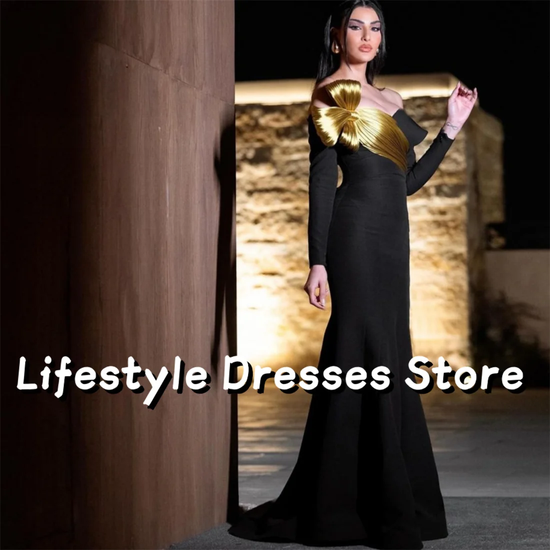 

Black Off Shoulder Prom Dresses With Gold Bow Mermaid Evening Gown Long Sleeve Party Dress vestidos para eventos especiales