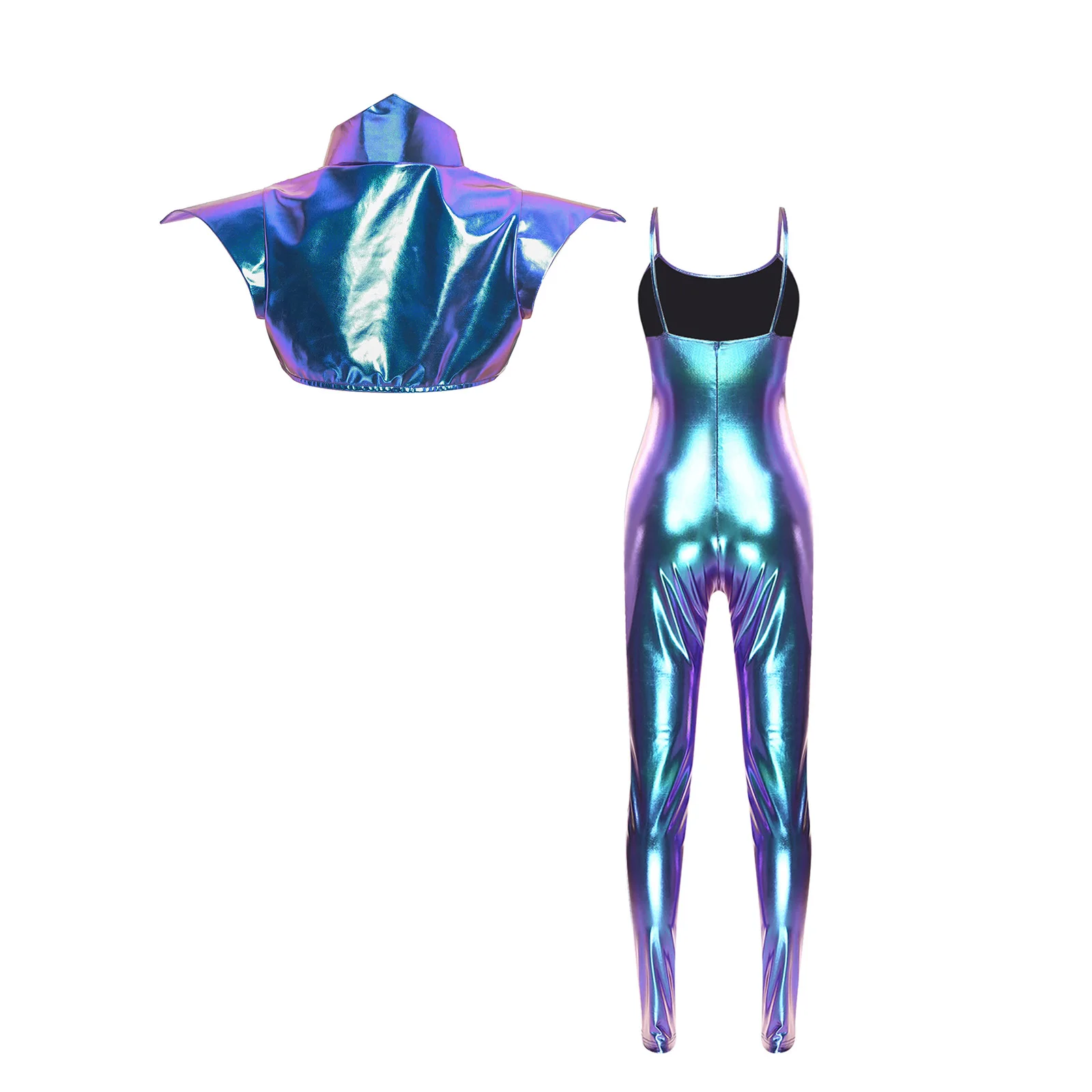 Womens Halloween Party Disco Clubwear Metallic Sling Jumpsuit Gothic Stand Collar Fly Sleeve Shoulder Armor+Bodycon Bodysuit