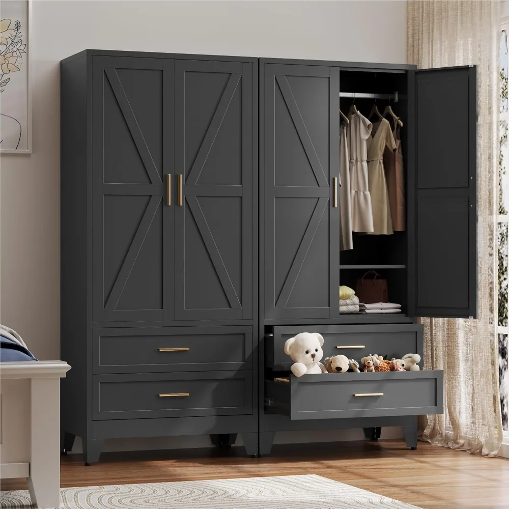 Wardrobe, 71 Inch Wardrobe with Adjustable Shelves, Farmhouse Metal Clothing