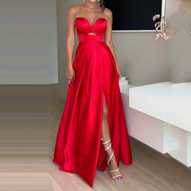 Vestido de noche de graduación moderno y sexy, sin tirantes, de satén, con abertura alta, tren de barrido, sin mangas, vestido de invitados de boda, personalizado gratis 2025