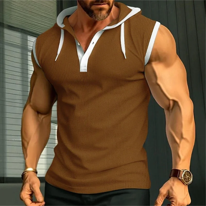 

2025 Summer new Mens Tank Tops Handsome Loose Casual Simplicity Solid Color Button Hooded V Neck Sleeveless T-shirt Tops