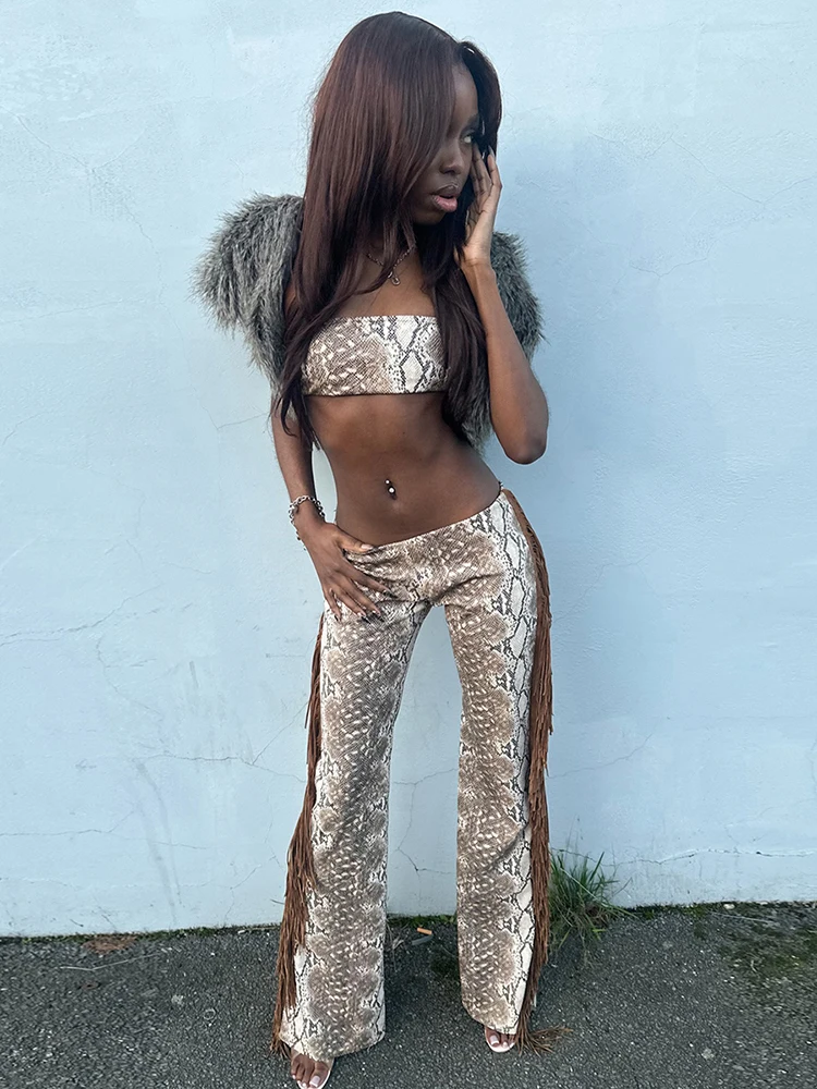Weird Puss Side Tassel 2 Piece Set Women Tracksuit Mini Strapless+Straight Pants Matching Stretch Street Cool Hipster Outfits
