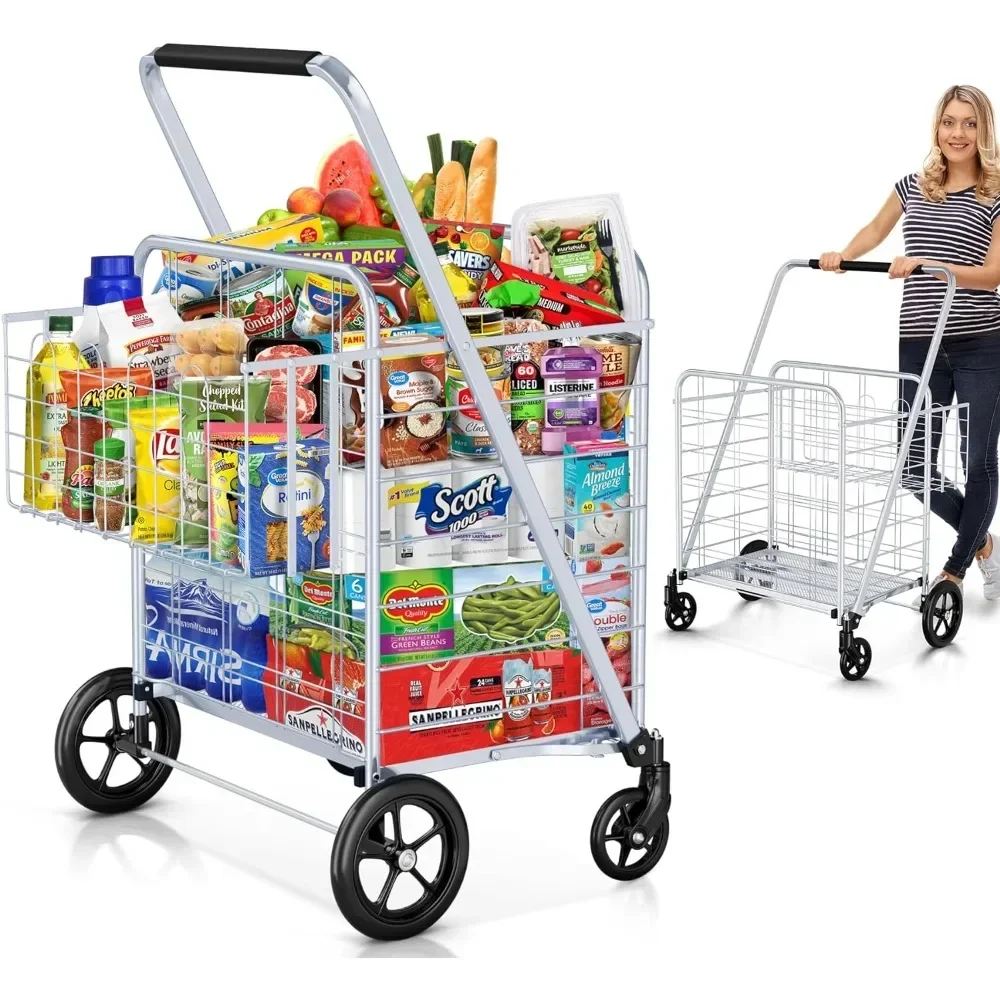 

Shopping Cart, 460 lbs Upgrade Super Capacity Grocery Cart Extra Jumbo Double Basket Folding Shopping Cart with 360° Rolling