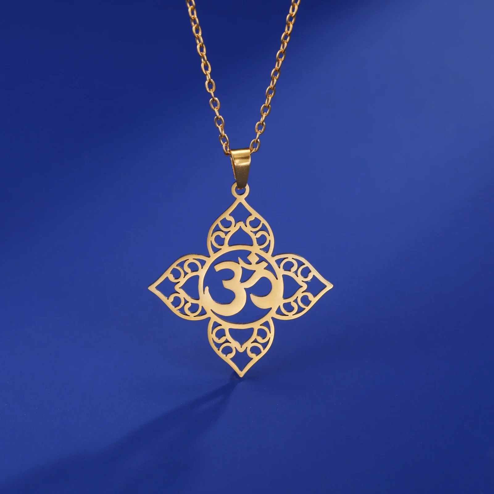 Skyrim Yoga Om Lotus Pendant Necklace Stainless Steel Gold Color Neck Chain Buddhism Mandala Amulet Jewelry Gift for Women New