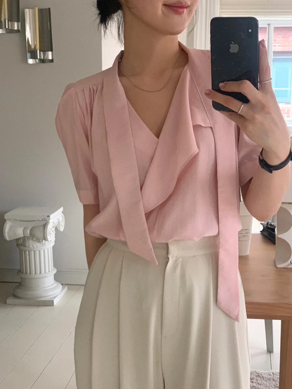 

2Colors Summer 2025 Korean Style V Neck Short Sleeve Shirt Loose Lace Up Neck Blouse Female Outwear tops (C33700)